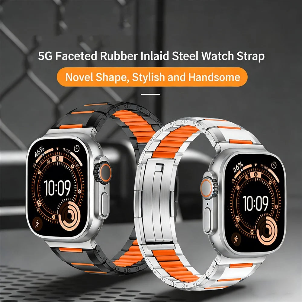 5G Faceted Rubber Inlaid Stainless Steel Watch Band for Apple Watch Ultra 3 2 1 49mm  /  Series 11 10 46mm  /  9 8 7 45mm  /  SE3 SE2 SE 6 5 4 44mm  /  3 2 1 42mm - Titanium+Orange - 3