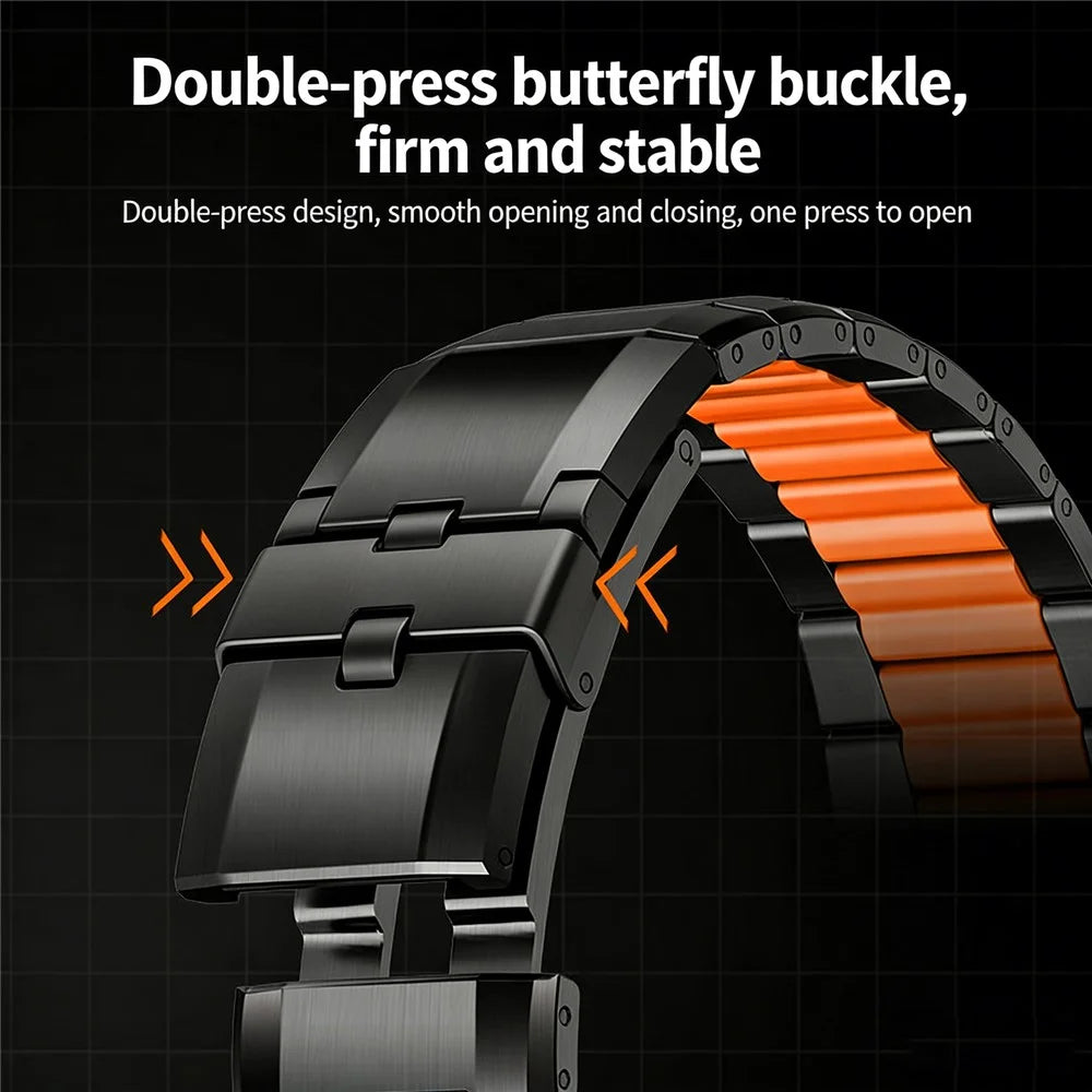 5G Faceted Rubber Inlaid Stainless Steel Watch Band for Apple Watch Ultra 3 2 1 49mm  /  Series 11 10 46mm  /  9 8 7 45mm  /  SE3 SE2 SE 6 5 4 44mm  /  3 2 1 42mm - Titanium+Orange - 5