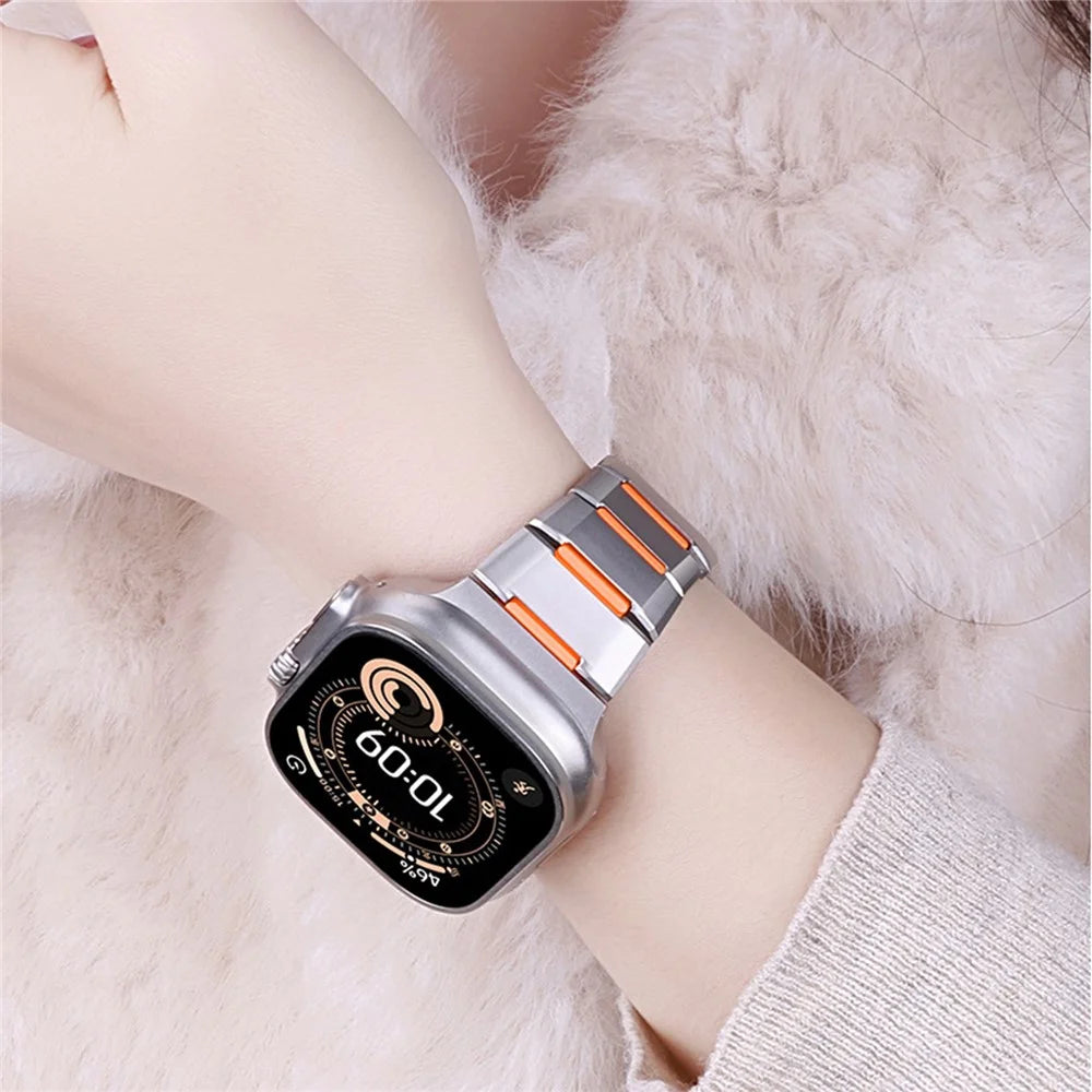 5G Faceted Rubber Inlaid Stainless Steel Watch Band for Apple Watch Ultra 3 2 1 49mm  /  Series 11 10 46mm  /  9 8 7 45mm  /  SE3 SE2 SE 6 5 4 44mm  /  3 2 1 42mm - Titanium+Orange - 7