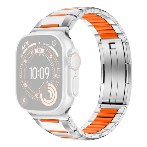 5G Faceted Rubber Inlaid Stainless Steel Watch Band for Apple Watch Series 11 10 42mm  /  9 8 7 41mm  /  SE3 SE2 SE 6 5 4 40mm  /  3 2 1 38mm - Titanium+Orange - 1
