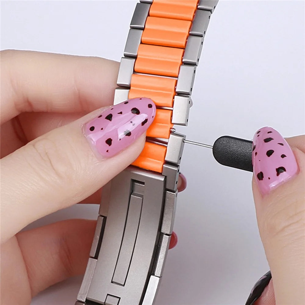 5G Faceted Rubber Inlaid Stainless Steel Watch Band for Apple Watch Series 11 10 42mm  /  9 8 7 41mm  /  SE3 SE2 SE 6 5 4 40mm  /  3 2 1 38mm - Titanium+Orange - 6