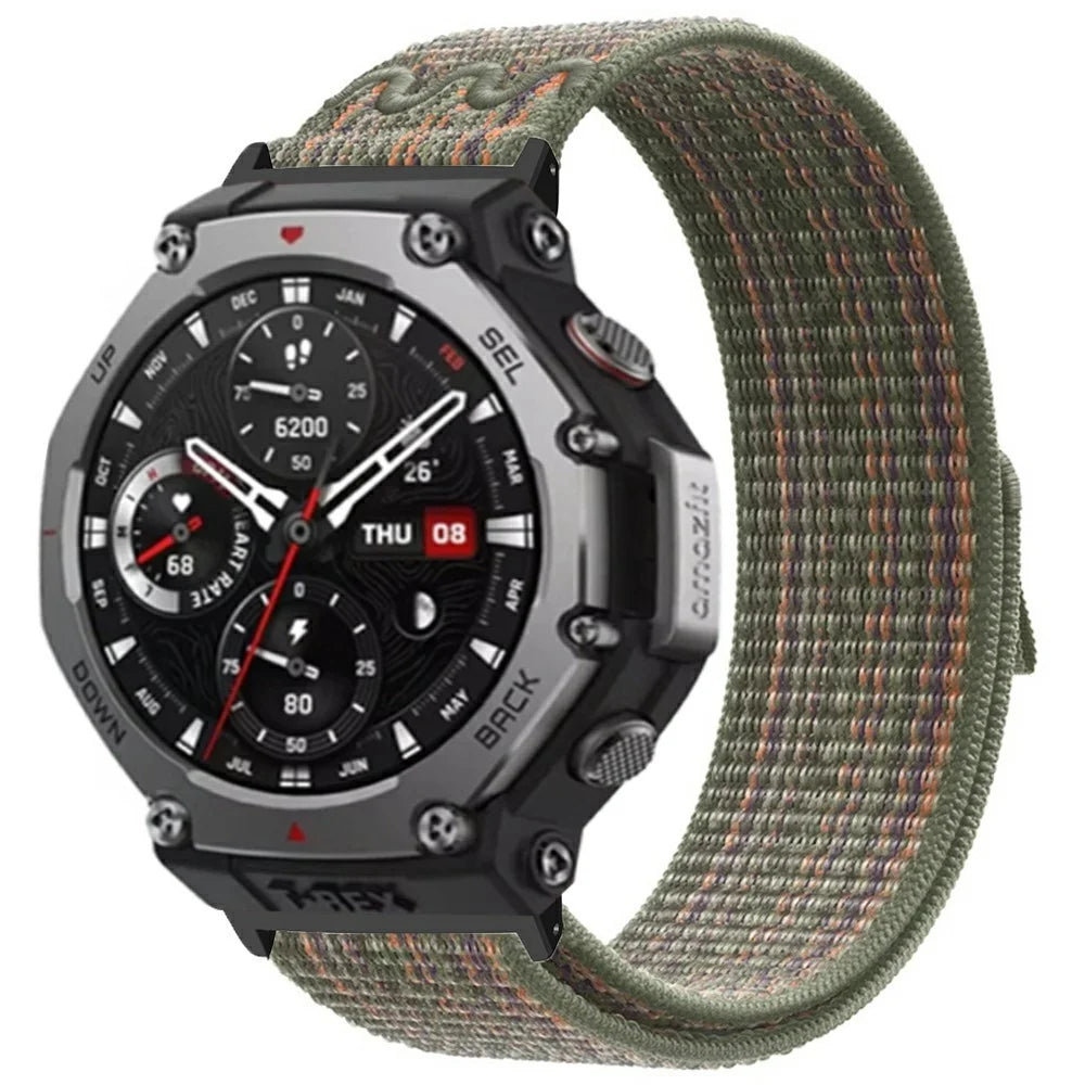 For Huami Amazfit T-Rex 3 Embroidered Nylon Sport Strap Loop Style Watch Band with PC Connector - Dark Green / Orange - 2