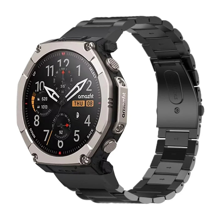 For Huami Amazfit T-Rex Ultra 2 26mm Metal Watch Strap Spring Folding Buckle 3 Bead Solid Wrist Band - Black - 3