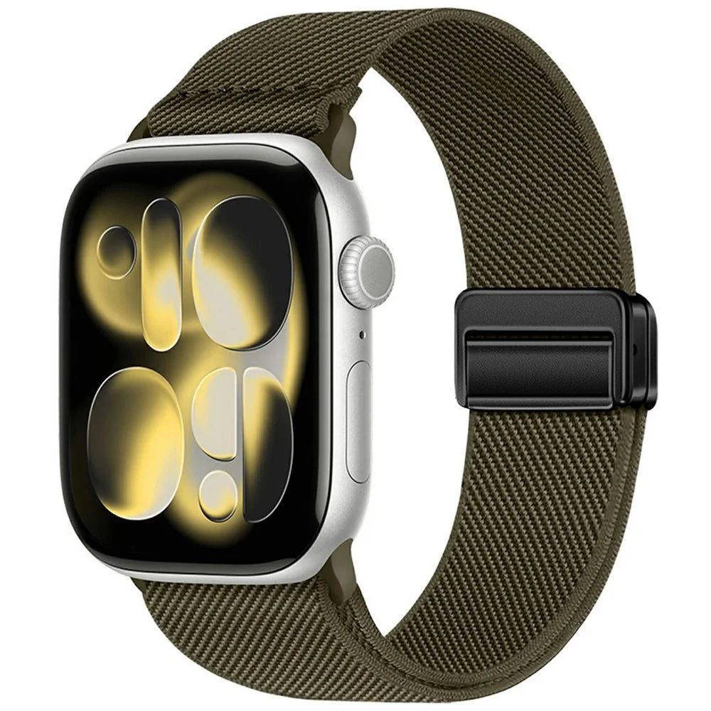 Dual Magnetic Buckle Strap for Apple Watch Ultra 3 2 1 49mm / Series 11 10 46mm / 9 8 7 45mm / SE3 SE2 SE 6 5 4 44mm / 3 2 1 42mm Nylon Loop Watch Band - Dark Olive Green - 2