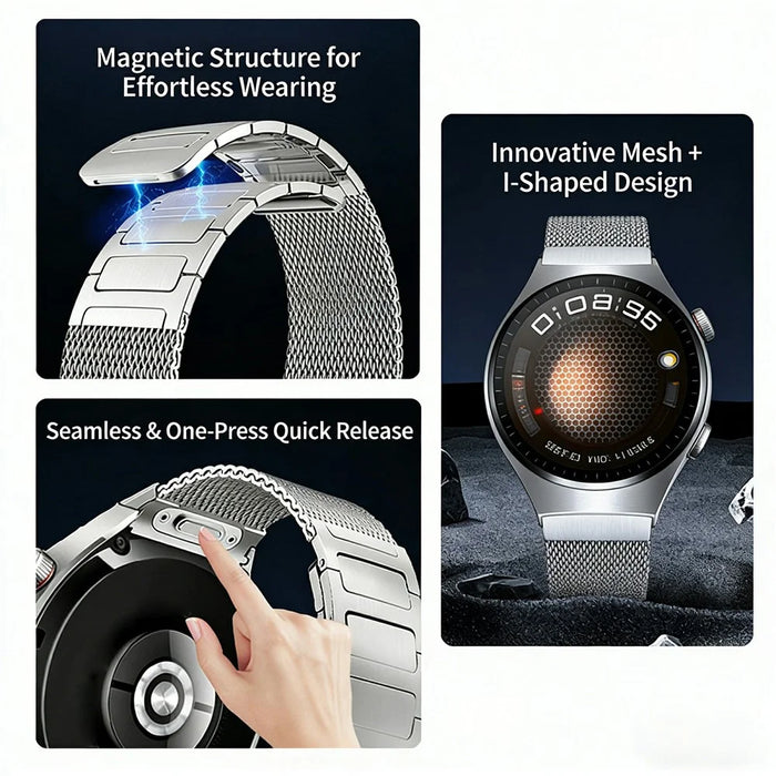 For Huawei Watch 4 Pro Stainless Steel Mesh Magnetic Wrist Strap Quick Release Band with I-Shaped Clasp - Titanium - 3