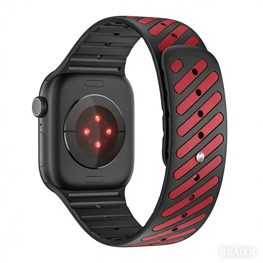 Sport Silicone Strap for Apple Watch Ultra 3 2 1 49mm / Series 11 10 46mm / 9 8 7 45mm / SE3 SE2 SE 6 5 4 44mm / 3 2 1 42mm Dual Color Magnetic Band - Black / Red - 1
