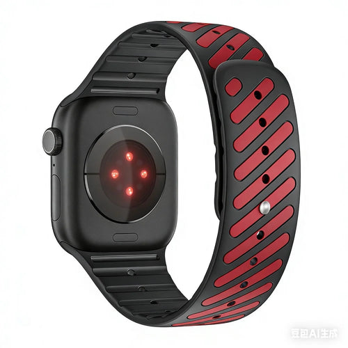 Sport Silicone Strap for Apple Watch Ultra 3 2 1 49mm / Series 11 10 46mm / 9 8 7 45mm / SE3 SE2 SE 6 5 4 44mm / 3 2 1 42mm Dual Color Magnetic Band - Black / Red - 1