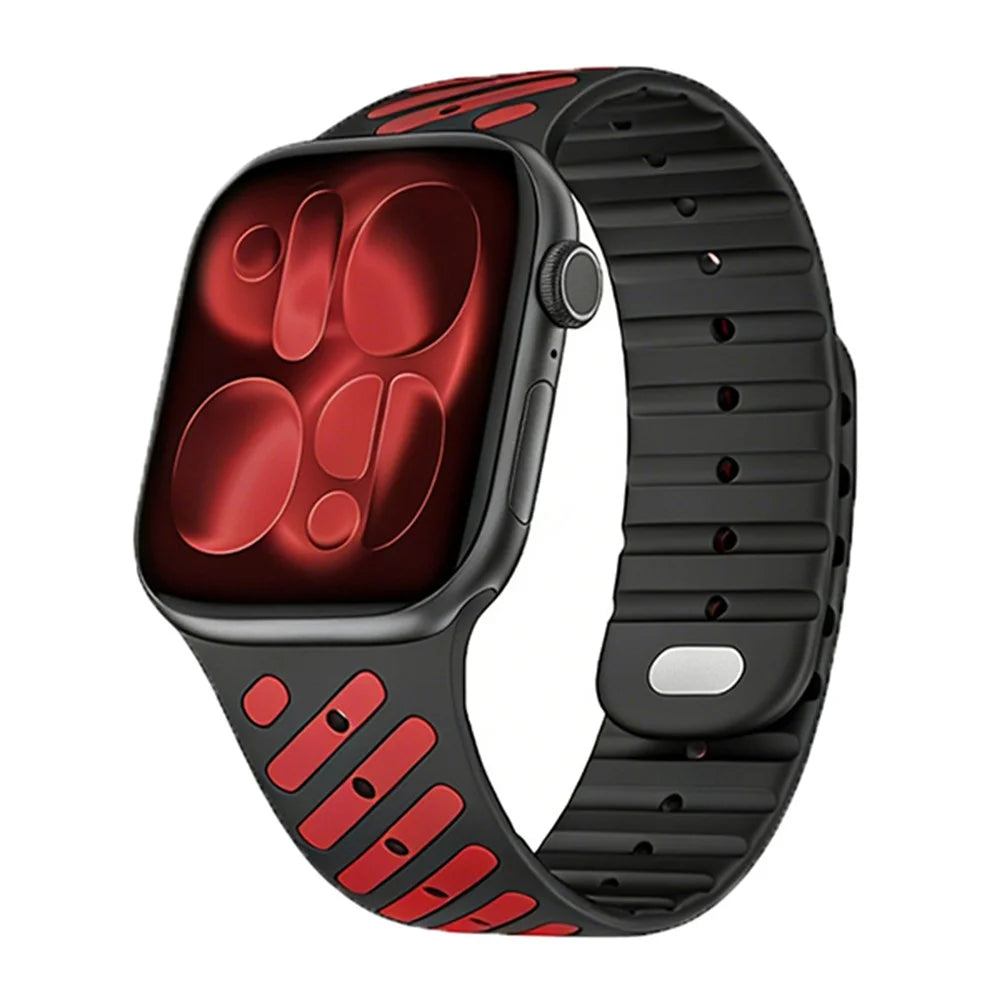 Sport Silicone Strap for Apple Watch Ultra 3 2 1 49mm / Series 11 10 46mm / 9 8 7 45mm / SE3 SE2 SE 6 5 4 44mm / 3 2 1 42mm Dual Color Magnetic Band - Black / Red - 2