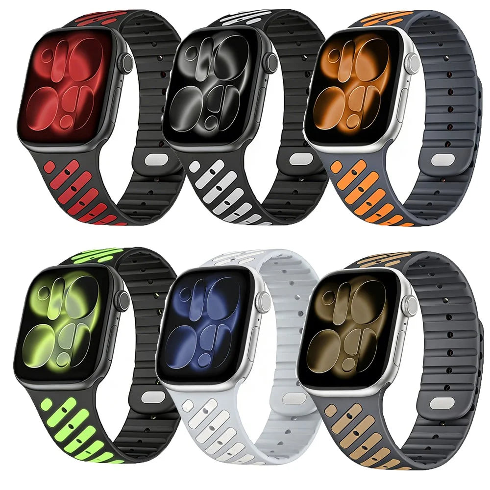 Sport Silicone Strap for Apple Watch Ultra 3 2 1 49mm / Series 11 10 46mm / 9 8 7 45mm / SE3 SE2 SE 6 5 4 44mm / 3 2 1 42mm Dual Color Magnetic Band - Black / Red - 6