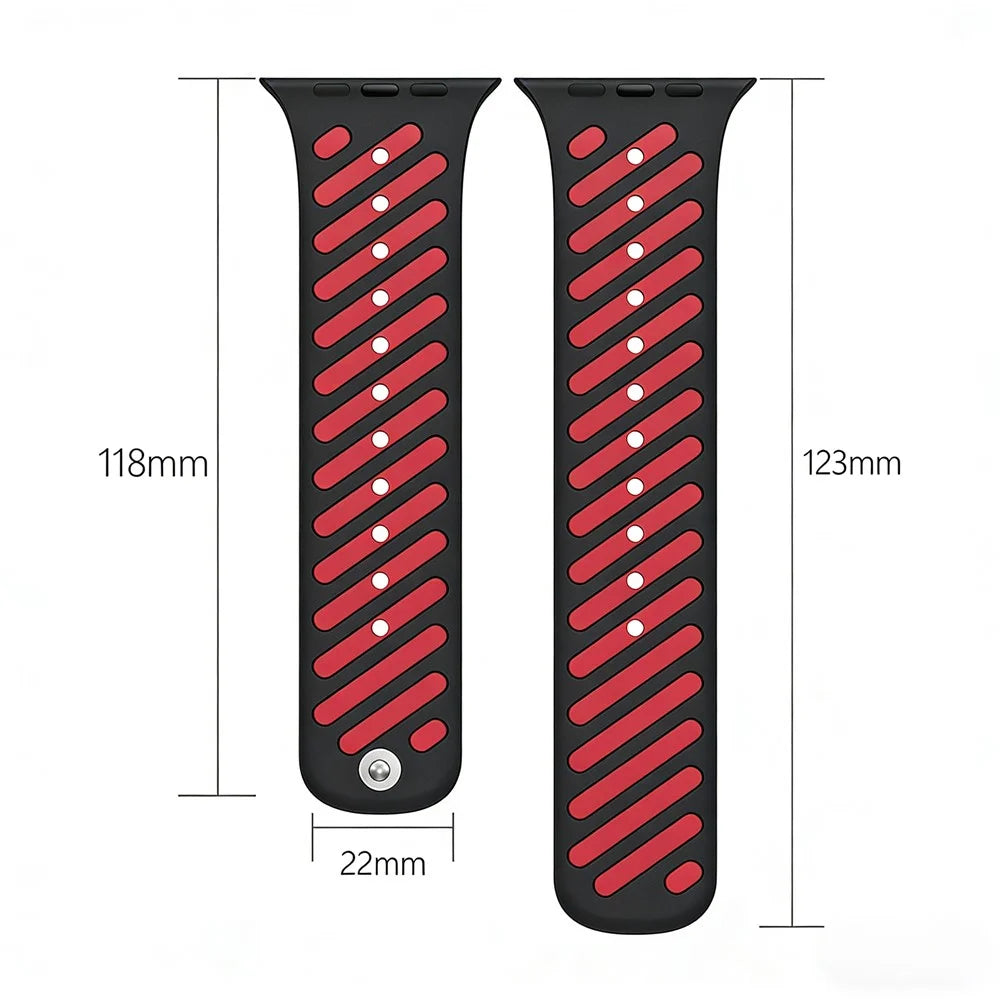 Sport Silicone Strap for Apple Watch Ultra 3 2 1 49mm / Series 11 10 46mm / 9 8 7 45mm / SE3 SE2 SE 6 5 4 44mm / 3 2 1 42mm Dual Color Magnetic Band - Black / Red - 7