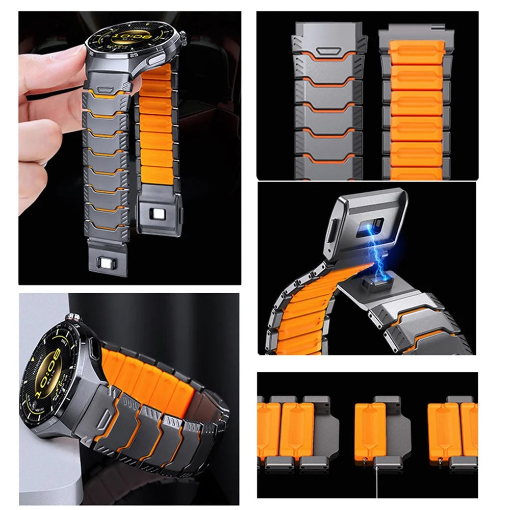 22mm Universal Titanium Alloy Silicone Watch Band with Magnetic Buckle for Huawei Watch GT 5 Pro 46mm  /  Samsung Galaxy Watch 3 45mm  /  Amazfit GTR 4 - Black  /  Orange - 3