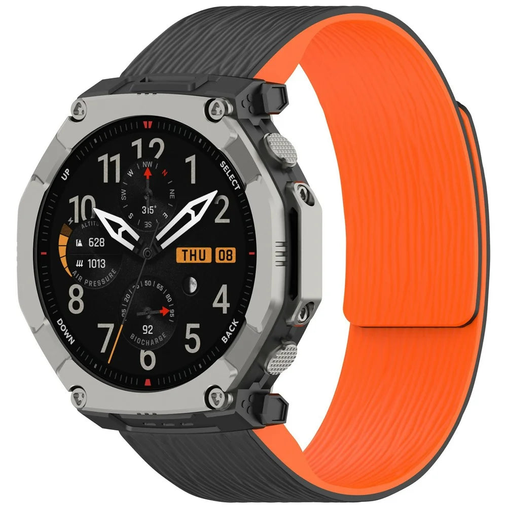 For Huami Amazfit T-Rex Ultra 2 Pleated Silicone Watch Strap Magnetic Sports Band Replacement - Black  /  Orange - 2