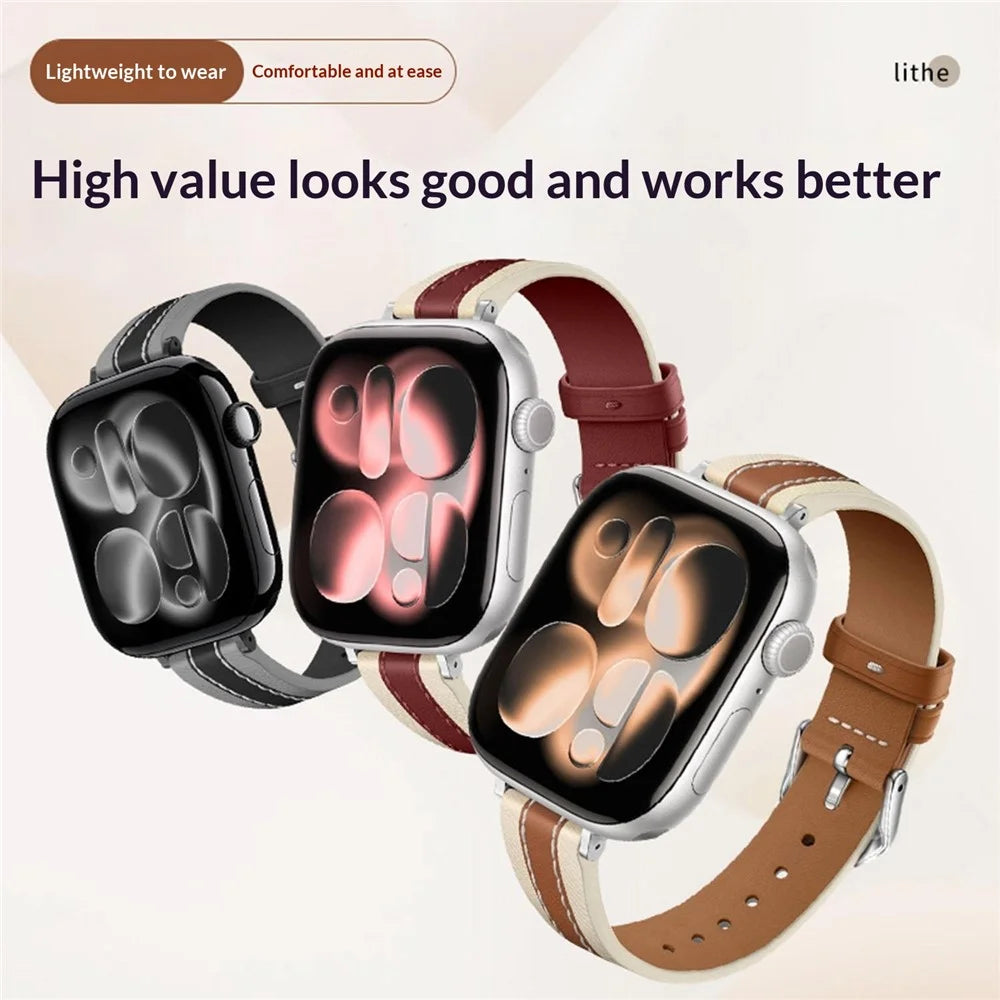 Watch Strap for Apple Watch Series 11 10 42mm / 9 8 7 41mm / SE3 SE2 SE 6 5 4 40mm / 3 2 1 38mm Genuine Cow Leather Watchband - Brown - 6
