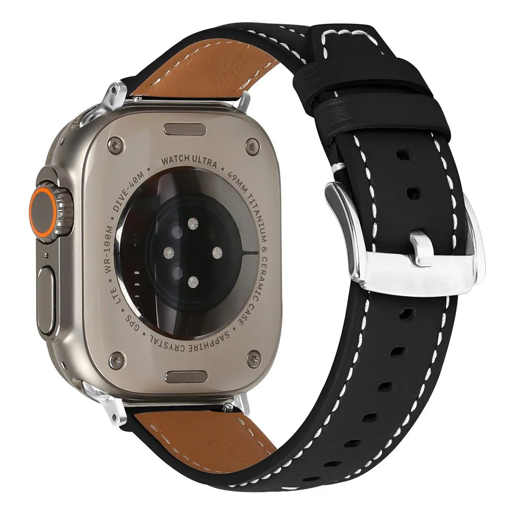 Leather Watch Band for Apple Watch Series 11 10 42mm  /  9 8 7 41mm  /  SE3 SE2 SE 6 5 4 40mm  /  3 2 1 38mm Wristband with Stitching - Black - 1