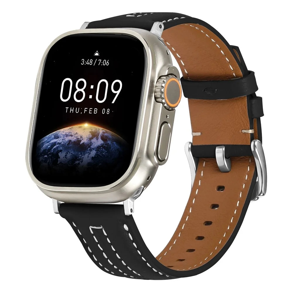 Leather Watch Band for Apple Watch Series 11 10 42mm  /  9 8 7 41mm  /  SE3 SE2 SE 6 5 4 40mm  /  3 2 1 38mm Wristband with Stitching - Black - 2
