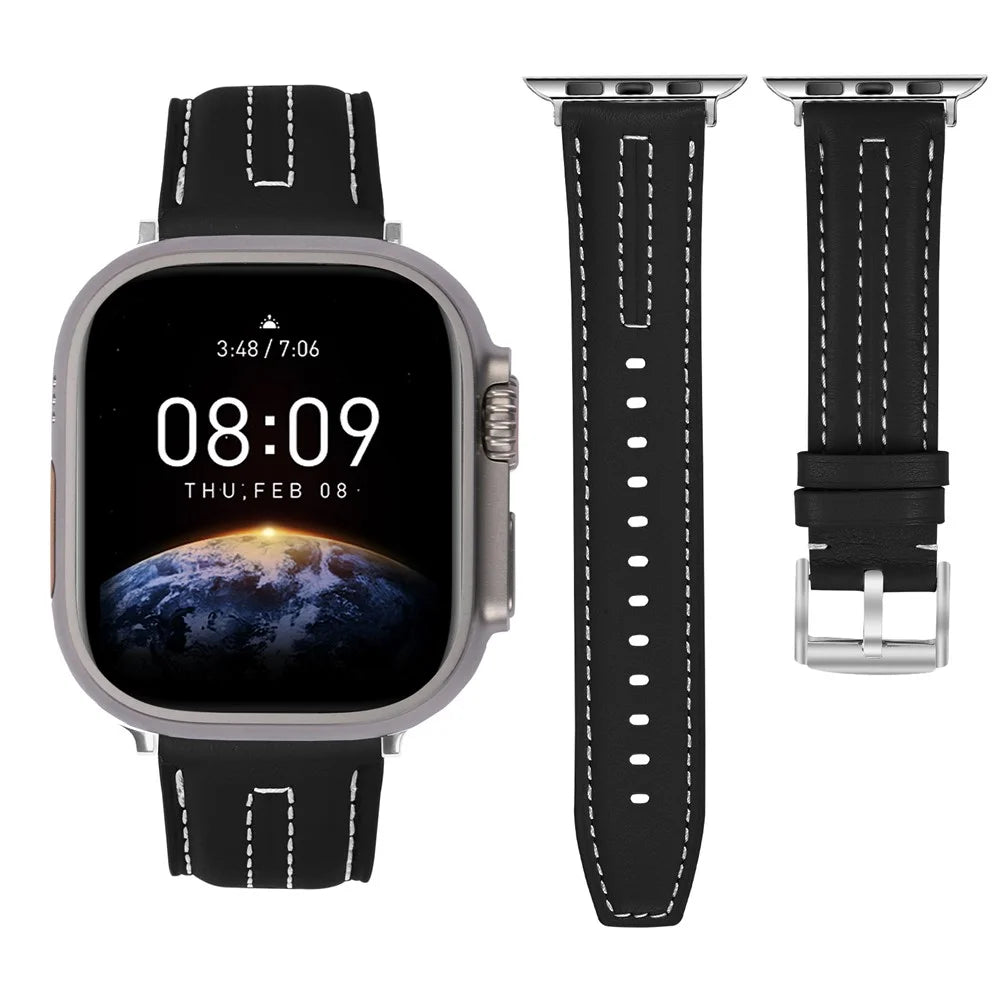 Leather Watch Band for Apple Watch Ultra 3 2 1 49mm  /  Series 11 10 46mm  /  9 8 7 45mm  /  SE3 SE2 SE 6 5 4 44mm  /  3 2 1 42mm Wristband with Stitching - Black - 3
