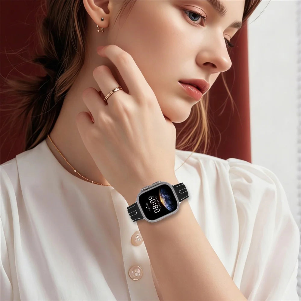 Leather Watch Band for Apple Watch Ultra 3 2 1 49mm  /  Series 11 10 46mm  /  9 8 7 45mm  /  SE3 SE2 SE 6 5 4 44mm  /  3 2 1 42mm Wristband with Stitching - Black - 4