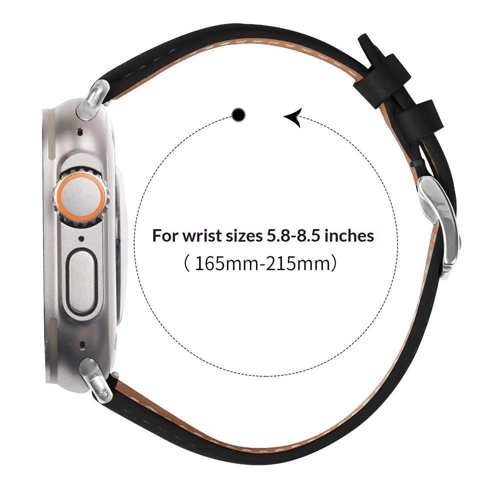 Leather Watch Band for Apple Watch Ultra 3 2 1 49mm  /  Series 11 10 46mm  /  9 8 7 45mm  /  SE3 SE2 SE 6 5 4 44mm  /  3 2 1 42mm Wristband with Curved Connector Stainless Steel Buckle - Black - 6