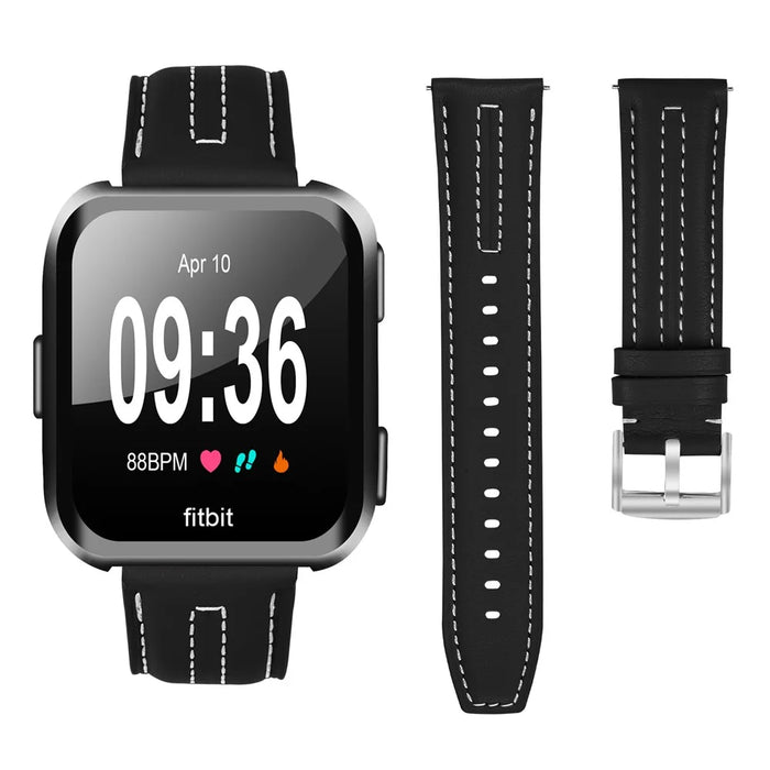 Leather Watch Band for Fitbit Versa 3  /  Sense Wristband Replacement with Stitching - Black - 3