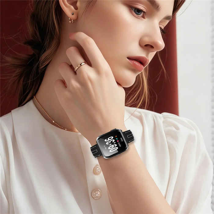 Leather Watch Band for Fitbit Versa 3  /  Sense Wristband Replacement with Stitching - Black - 4