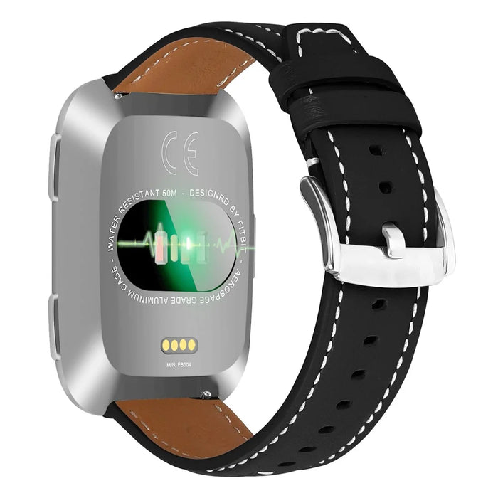 Leather Watch Band for Fitbit Versa 4  /  Sense 2 Wristband Replacement with Stitching - Black - 1