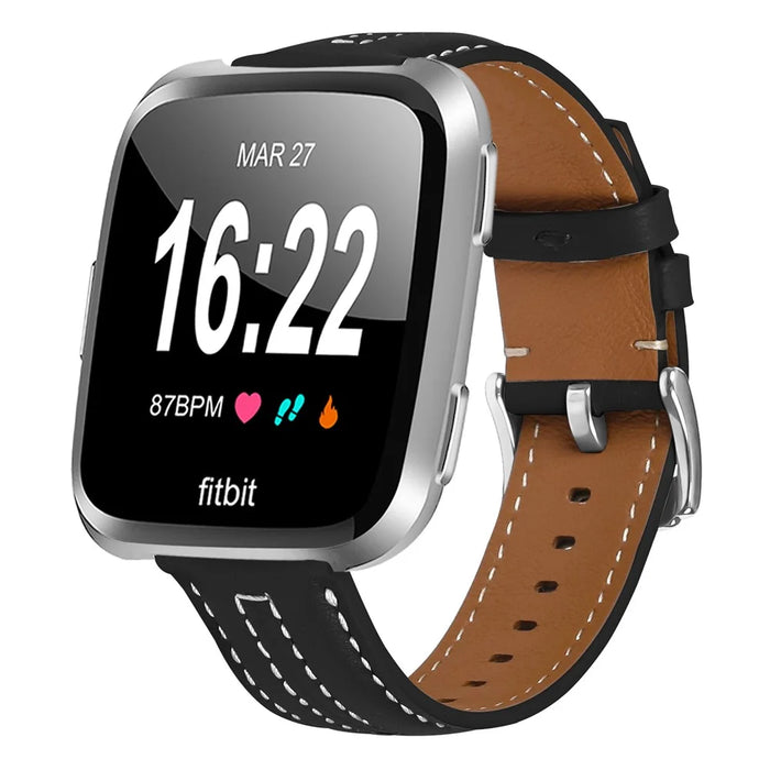 Leather Watch Band for Fitbit Versa 4  /  Sense 2 Wristband Replacement with Stitching - Black - 2