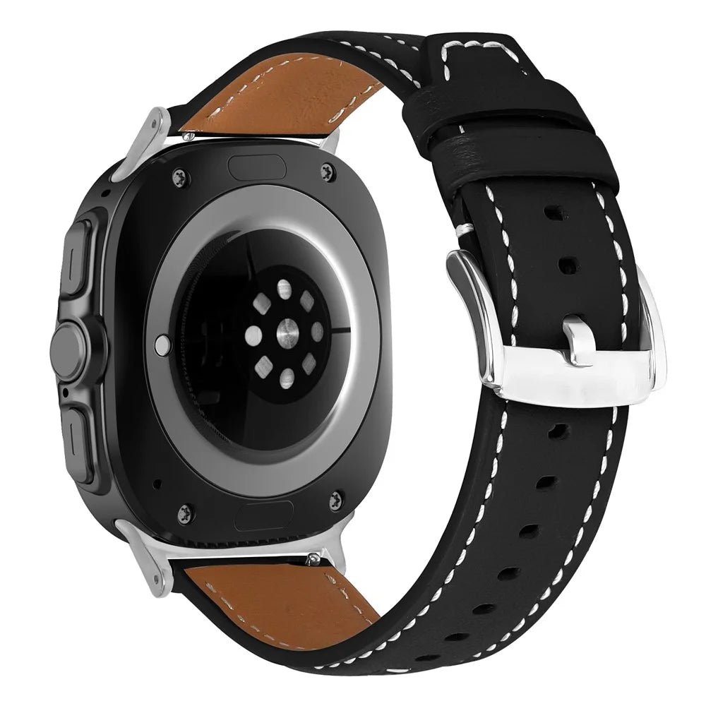 Leather Watch Band for Samsung Galaxy Watch8 44mm  /  40mm  /  Watch8 Classic 46mm Wristband with Stitching - Black - 1