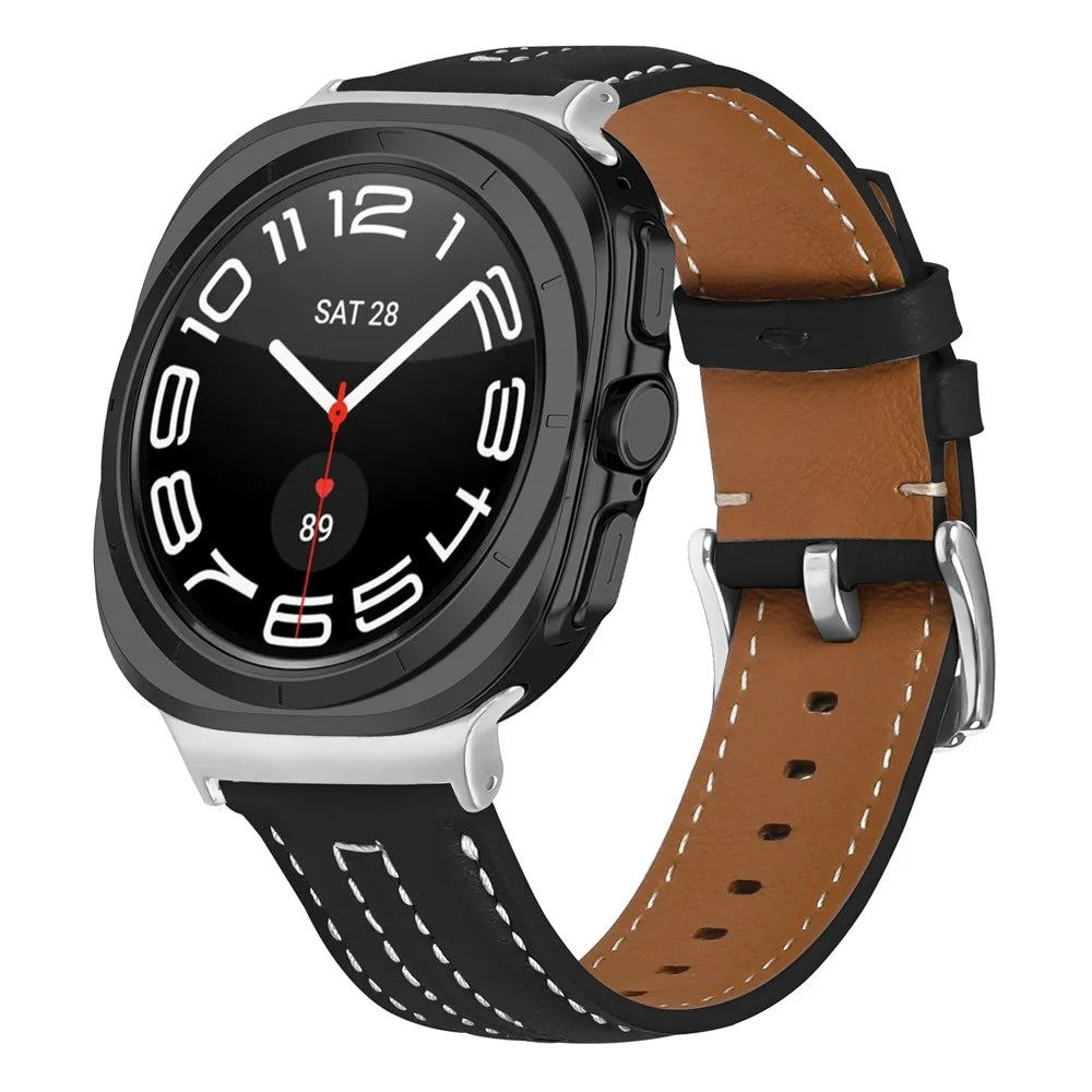 Leather Watch Band for Samsung Galaxy Watch8 44mm  /  40mm  /  Watch8 Classic 46mm Wristband with Stitching - Black - 2