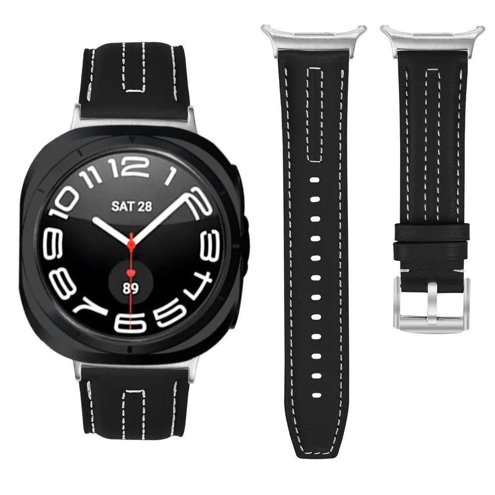 Leather Watch Band for Samsung Galaxy Watch8 44mm  /  40mm  /  Watch8 Classic 46mm Wristband with Stitching - Black - 3