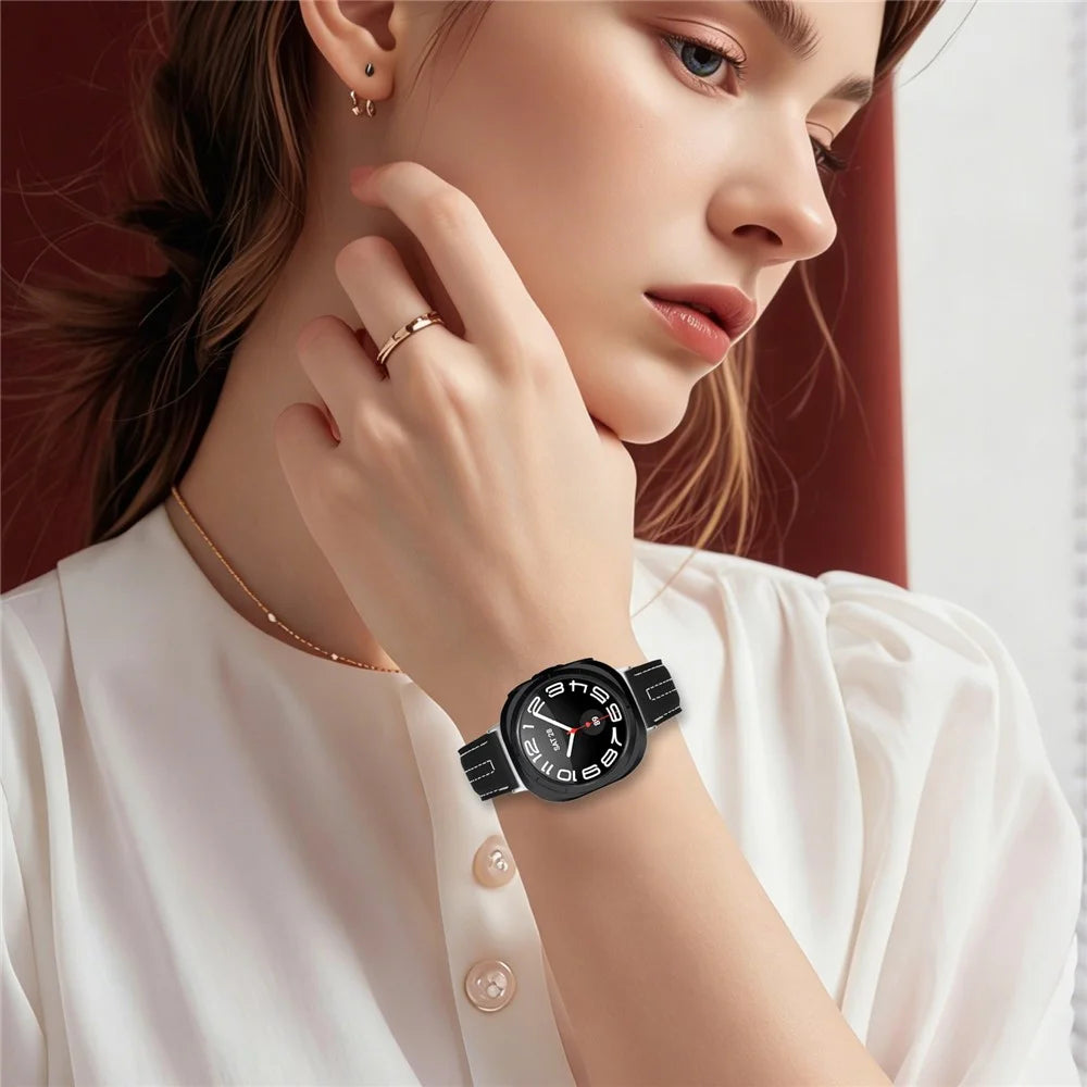 Leather Watch Band for Samsung Galaxy Watch8 44mm  /  40mm  /  Watch8 Classic 46mm Wristband with Stitching - Black - 4