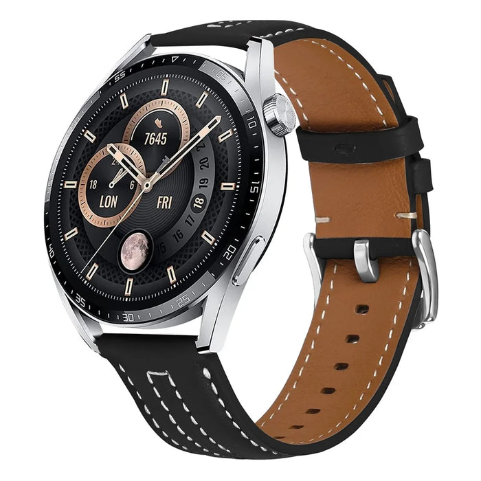 22mm Leather Watch Band for Samsung Gear S3 Wristband Replacement with Stitching - Black - 2