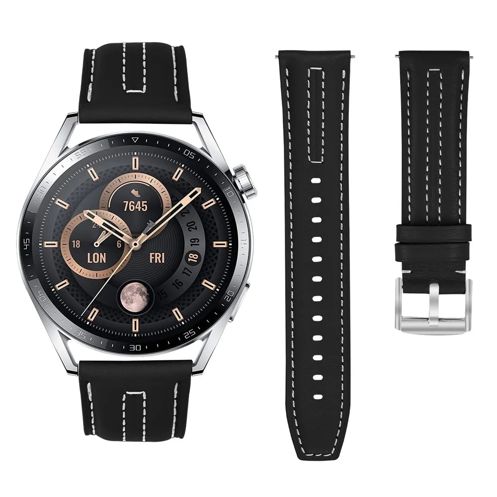 22mm Leather Watch Band for Honor Magic Watch 2 Wristband Replacement with Stitching - Black - 3