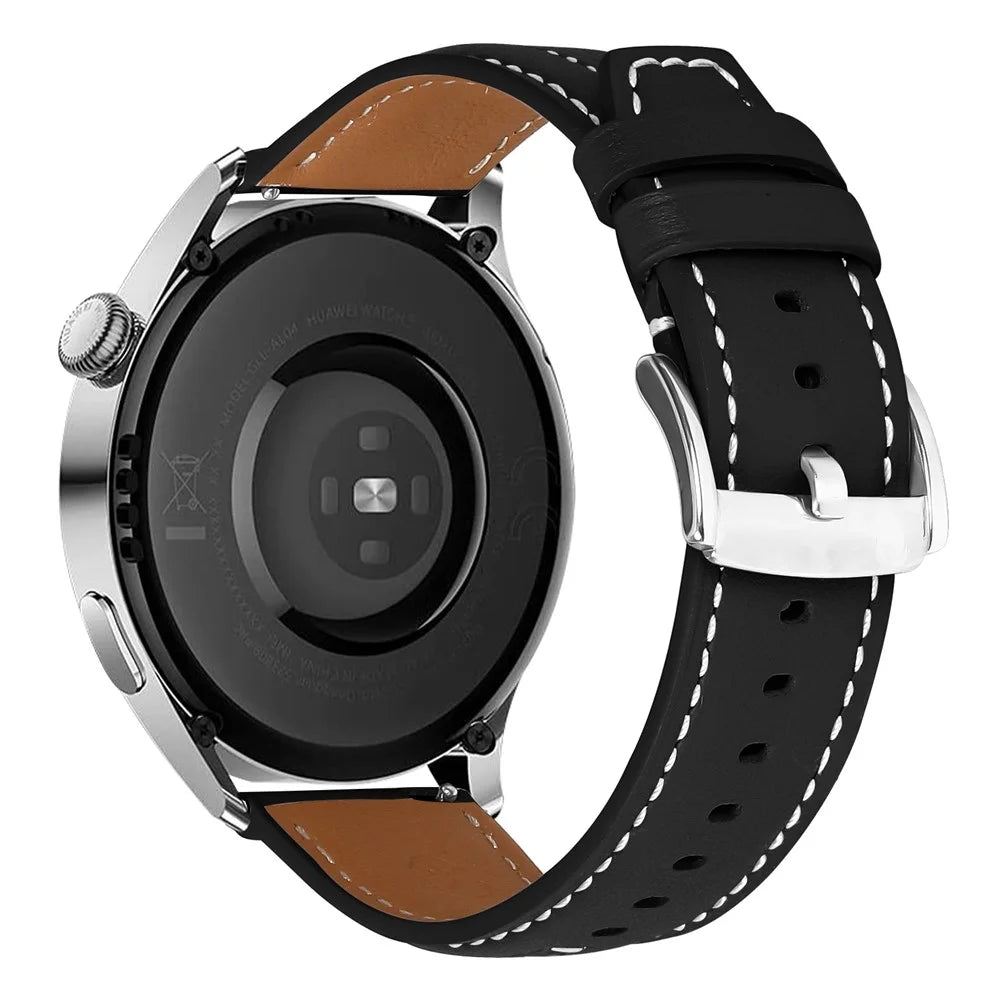 22mm Leather Watch Band for Haylou Solar LS05 Wristband Replacement with Stitching - Black - 1