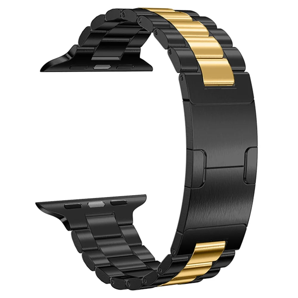 Electroplated Stainless Steel Strap for Apple Watch Ultra 3 2 1 49mm  /  Series 11 10 46mm  /  9 8 7 45mm  /  SE3 SE2 SE 6 5 4 44mm  /  3 2 1 42mm Turtle Shell Buckle Wristband - Black  /  Gold - 1