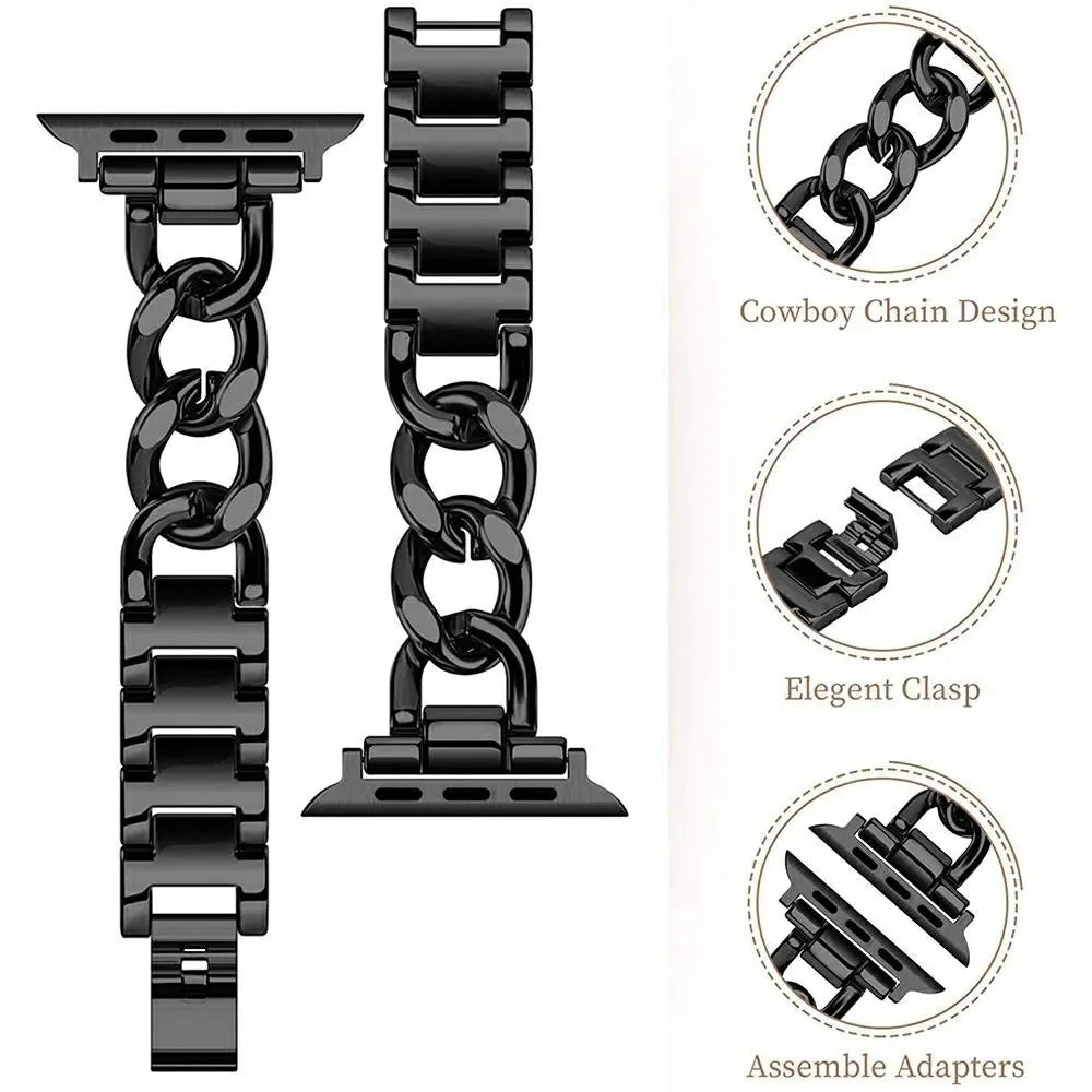 Watch Band for Apple Watch Ultra 3 2 1 49mm  /  Series 11 10 46mm  /  9 8 7 45mm  /  SE3 SE2 SE 6 5 4 44mm  /  3 2 1 42mm Metal Chain Adjustable Bracelet Strap - Black - 3