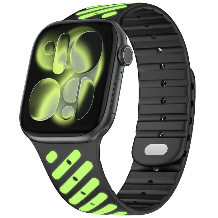 Glow In The Dark Strap for Apple Watch Ultra 3 2 1 49mm  /  Series 11 10 46mm  /  9 8 7 45mm  /  SE3 SE2 SE 6 5 4 44mm  /  3 2 1 42mm Magnetic Silicone Band - Black+Luminous Green - 2