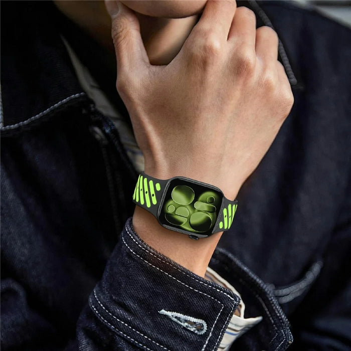 Glow In The Dark Strap for Apple Watch Ultra 3 2 1 49mm  /  Series 11 10 46mm  /  9 8 7 45mm  /  SE3 SE2 SE 6 5 4 44mm  /  3 2 1 42mm Magnetic Silicone Band - Black+Luminous Green - 4