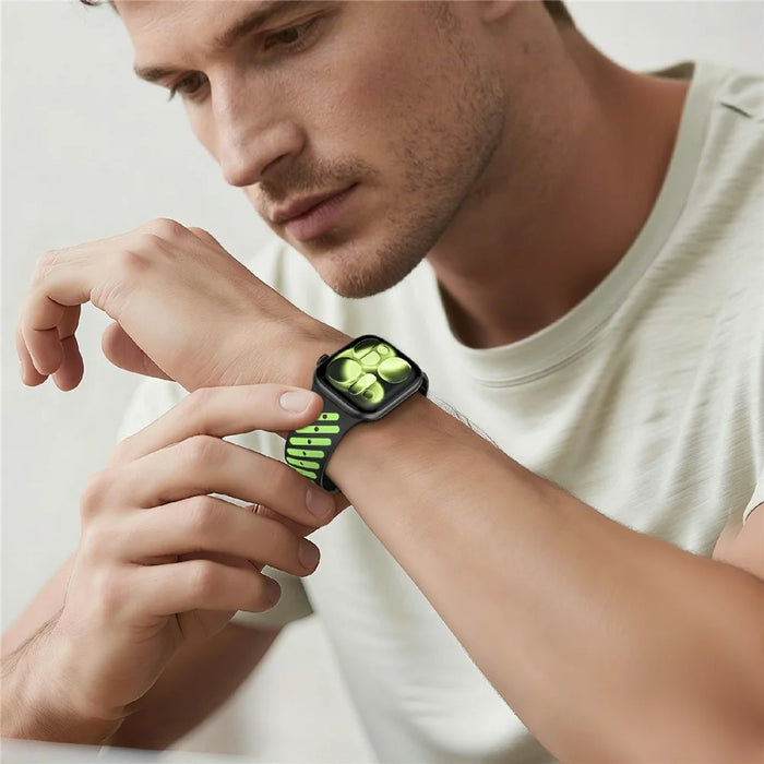 Glow In The Dark Strap for Apple Watch Ultra 3 2 1 49mm  /  Series 11 10 46mm  /  9 8 7 45mm  /  SE3 SE2 SE 6 5 4 44mm  /  3 2 1 42mm Magnetic Silicone Band - Black+Luminous Green - 6