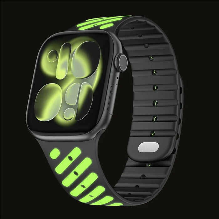Glow In The Dark Strap for Apple Watch Ultra 3 2 1 49mm  /  Series 11 10 46mm  /  9 8 7 45mm  /  SE3 SE2 SE 6 5 4 44mm  /  3 2 1 42mm Magnetic Silicone Band - Black+Luminous Green - 7