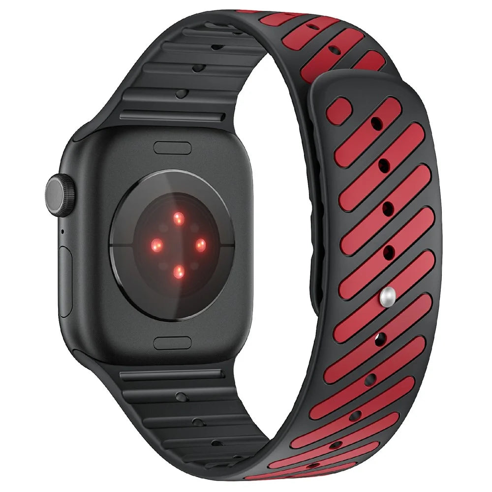 Strap for Apple Watch Ultra 3 2 1 49mm  /  Series 11 10 46mm  /  9 8 7 45mm  /  SE3 SE2 SE 6 5 4 44mm  /  3 2 1 42mm Diagonal Textured Magnetic Silicone Sports Band - Black+Red - 1