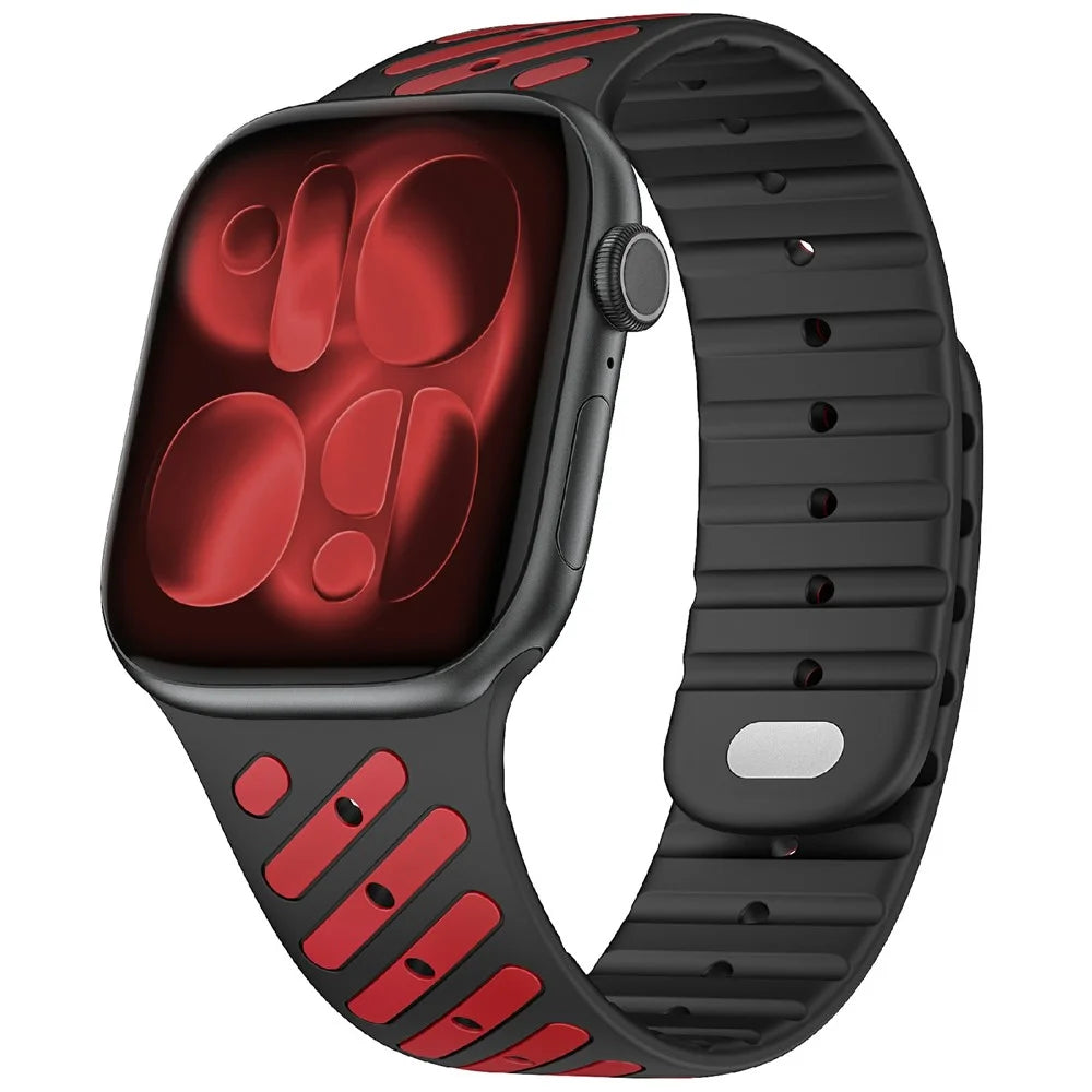 Strap for Apple Watch Ultra 3 2 1 49mm  /  Series 11 10 46mm  /  9 8 7 45mm  /  SE3 SE2 SE 6 5 4 44mm  /  3 2 1 42mm Diagonal Textured Magnetic Silicone Sports Band - Black+Red - 2