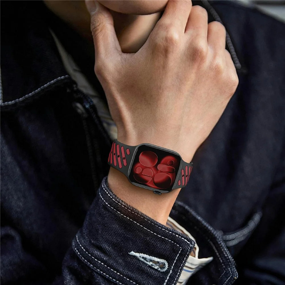 Strap for Apple Watch Ultra 3 2 1 49mm  /  Series 11 10 46mm  /  9 8 7 45mm  /  SE3 SE2 SE 6 5 4 44mm  /  3 2 1 42mm Diagonal Textured Magnetic Silicone Sports Band - Black+Red - 4
