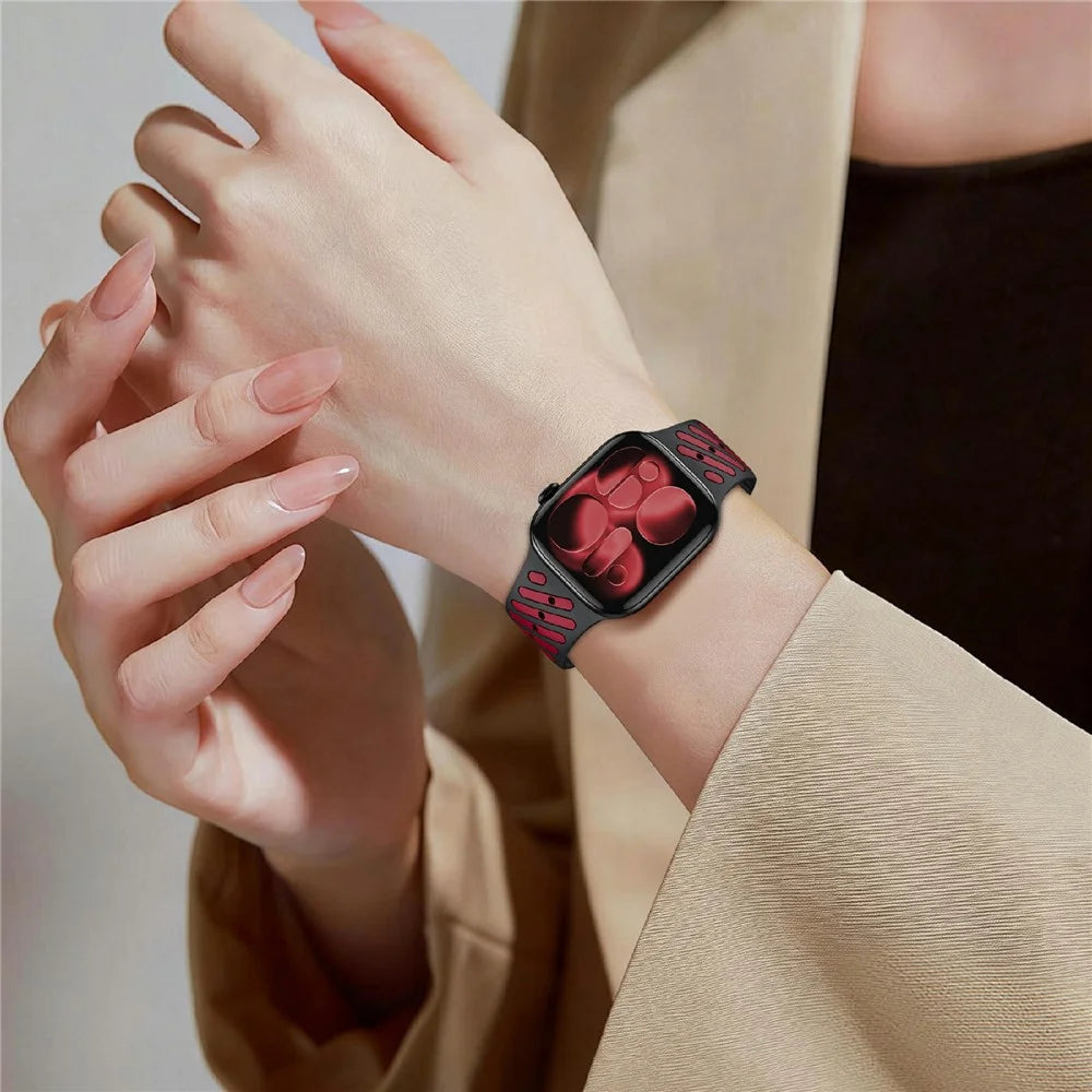 Strap for Apple Watch Ultra 3 2 1 49mm  /  Series 11 10 46mm  /  9 8 7 45mm  /  SE3 SE2 SE 6 5 4 44mm  /  3 2 1 42mm Diagonal Textured Magnetic Silicone Sports Band - Black+Red - 5