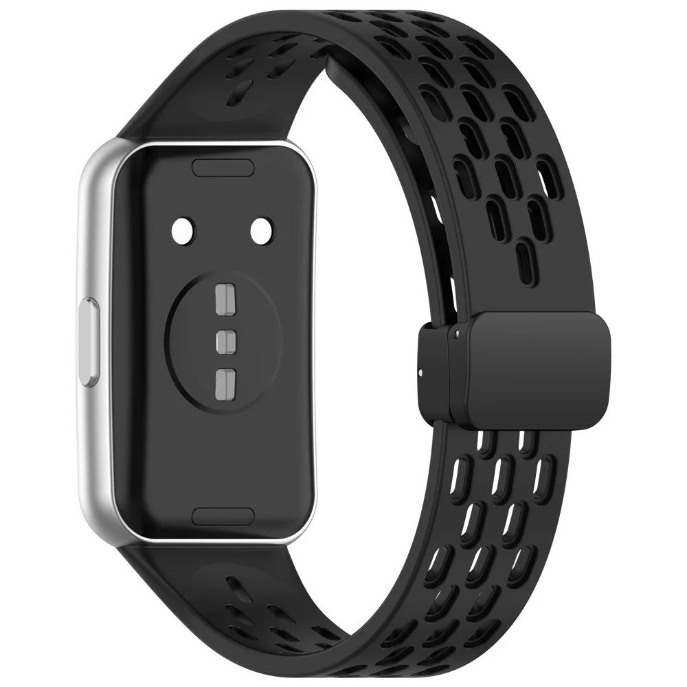 Hollow Holes Silicone Strap for Huawei Band 11 / 11 Pro / 11 NFC / 11 Pro NFC Breathable Watch Band with Folding Buckle - Black - 1
