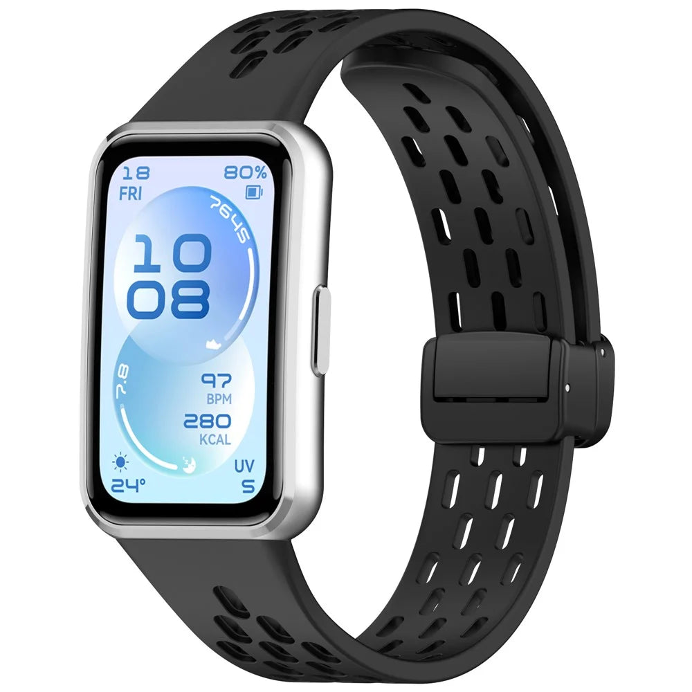 Hollow Holes Silicone Strap for Huawei Band 11 / 11 Pro / 11 NFC / 11 Pro NFC Breathable Watch Band with Folding Buckle - Black - 2