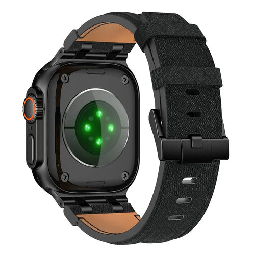 Denim Style Leather Band for Apple Watch Ultra 3 2 1 49mm  /  Series 11 10 46mm  /  9 8 7 45mm  /  SE3 SE2 SE 6 5 4 44mm  /  3 2 1 42mm Replacement Wristband - All Black - 1