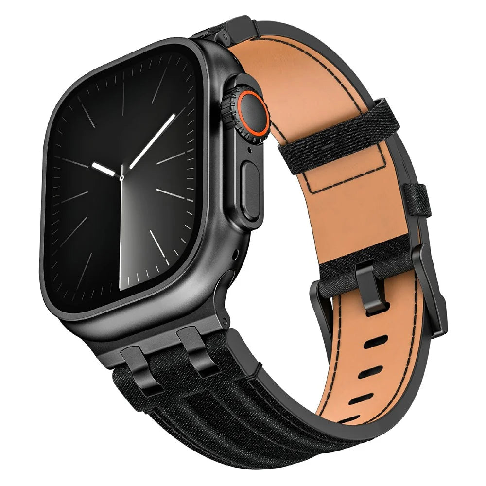 Denim Style Leather Band for Apple Watch Ultra 3 2 1 49mm  /  Series 11 10 46mm  /  9 8 7 45mm  /  SE3 SE2 SE 6 5 4 44mm  /  3 2 1 42mm Replacement Wristband - All Black - 2