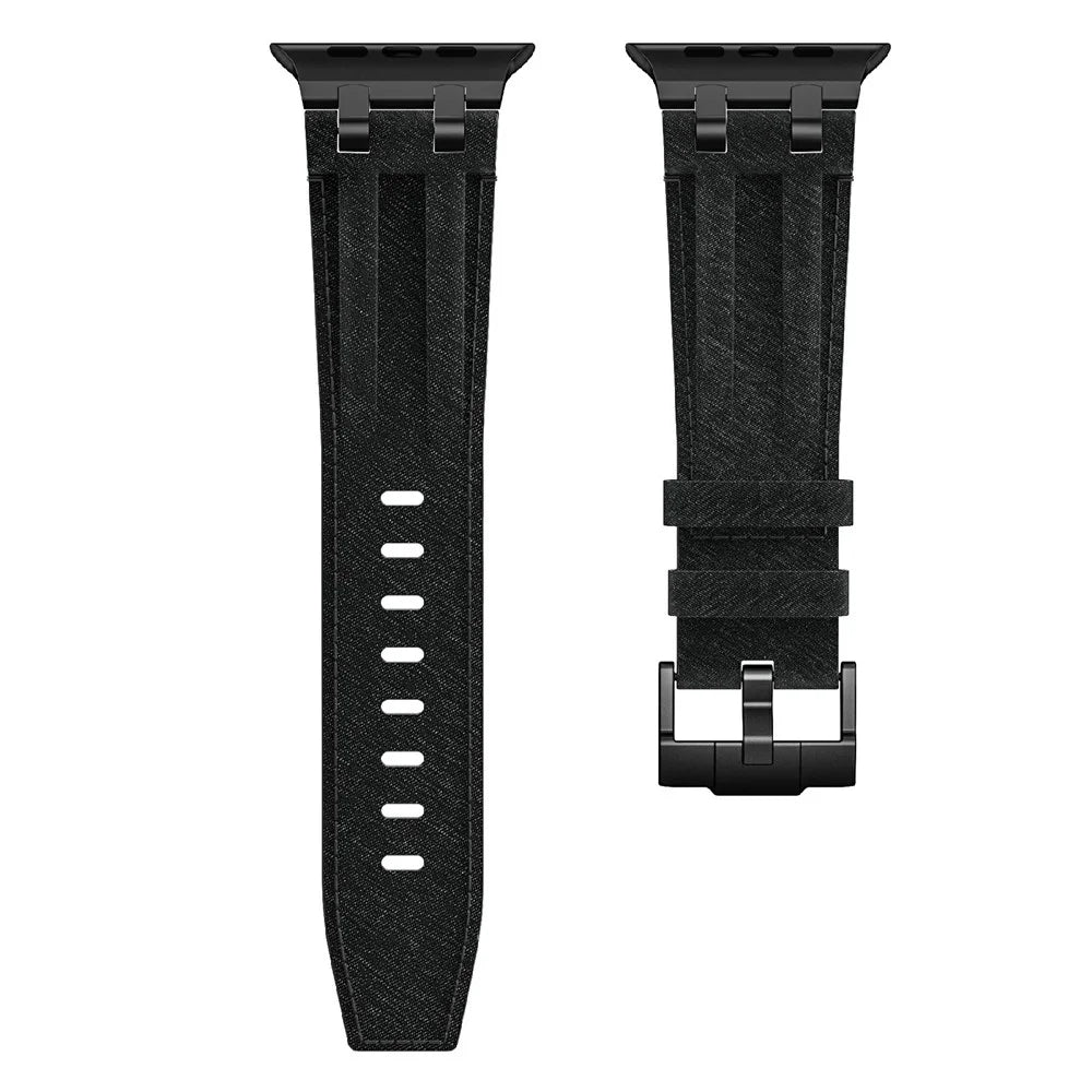 Denim Style Leather Band for Apple Watch Ultra 3 2 1 49mm  /  Series 11 10 46mm  /  9 8 7 45mm  /  SE3 SE2 SE 6 5 4 44mm  /  3 2 1 42mm Replacement Wristband - All Black - 3