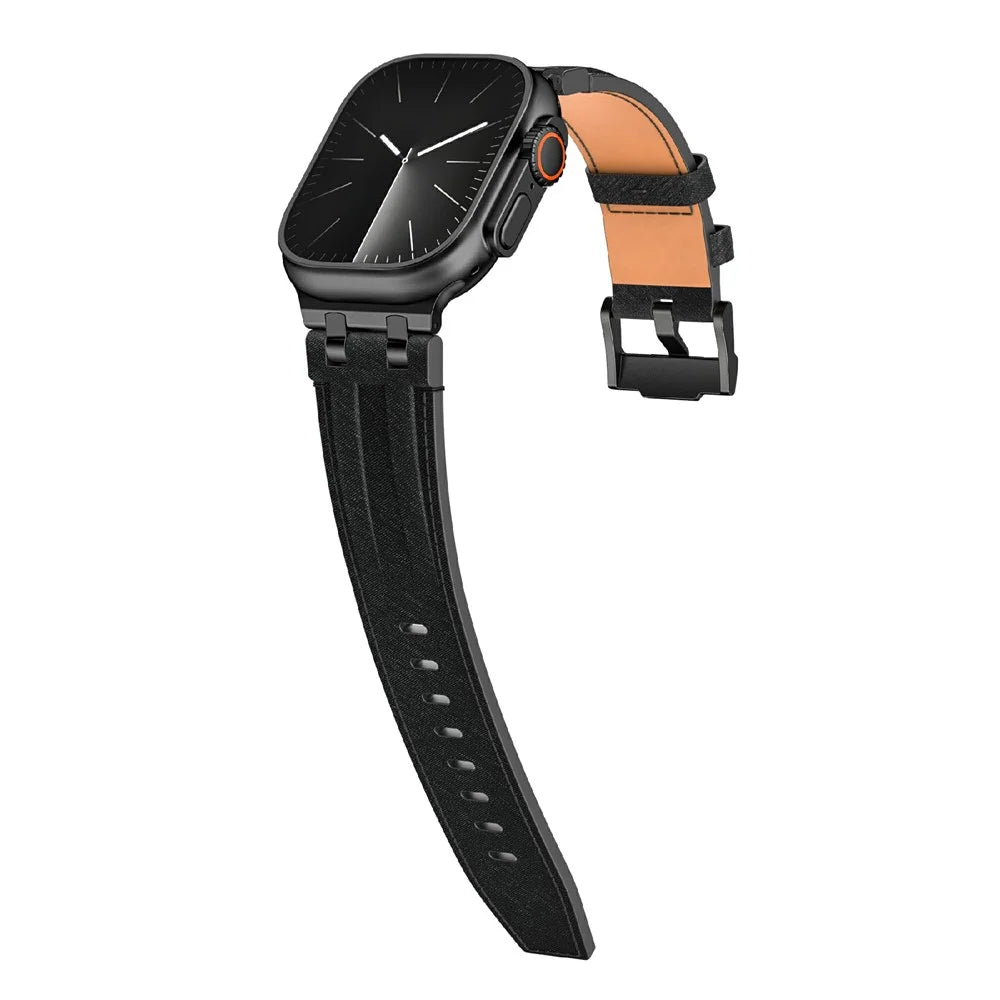 Denim Style Leather Band for Apple Watch Ultra 3 2 1 49mm  /  Series 11 10 46mm  /  9 8 7 45mm  /  SE3 SE2 SE 6 5 4 44mm  /  3 2 1 42mm Replacement Wristband - All Black - 4