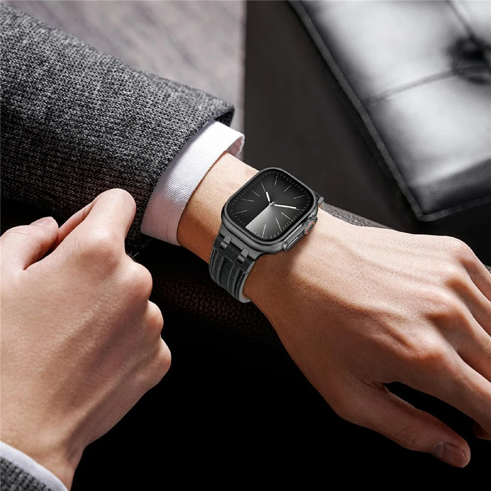 Denim Style Leather Band for Apple Watch Ultra 3 2 1 49mm  /  Series 11 10 46mm  /  9 8 7 45mm  /  SE3 SE2 SE 6 5 4 44mm  /  3 2 1 42mm Replacement Wristband - All Black - 5
